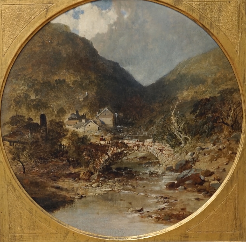 Edmund John Niemann (1813-1876), oil on canvas, tondo, Trefriw, near Llanwrist, North Wales, diameter 37cm, applied plaque to the gilt frame. Condition - fair, some losses to the frame